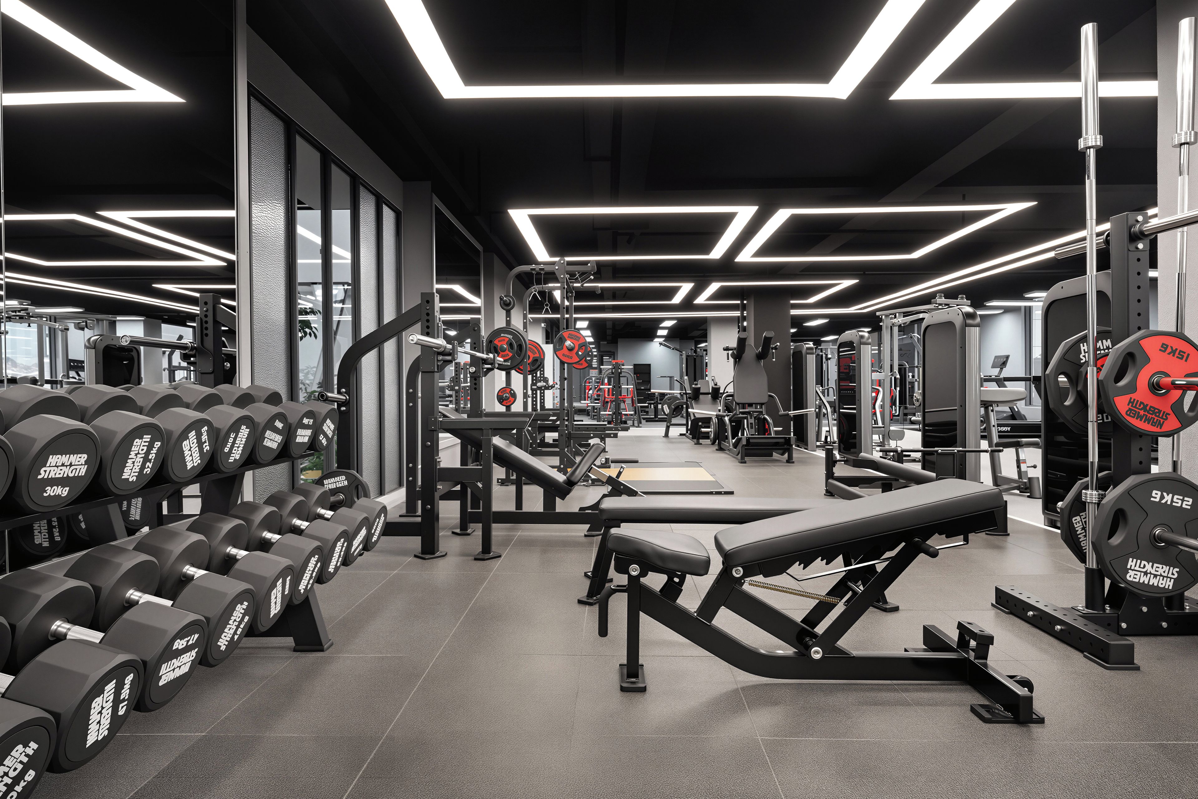 A gym with weightlifting equipment, benches, and a mirrored wall.