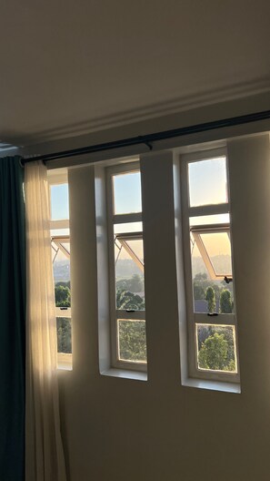 Quarto com três janelas, cada uma com vista para vegetação e uma paisagem distante.