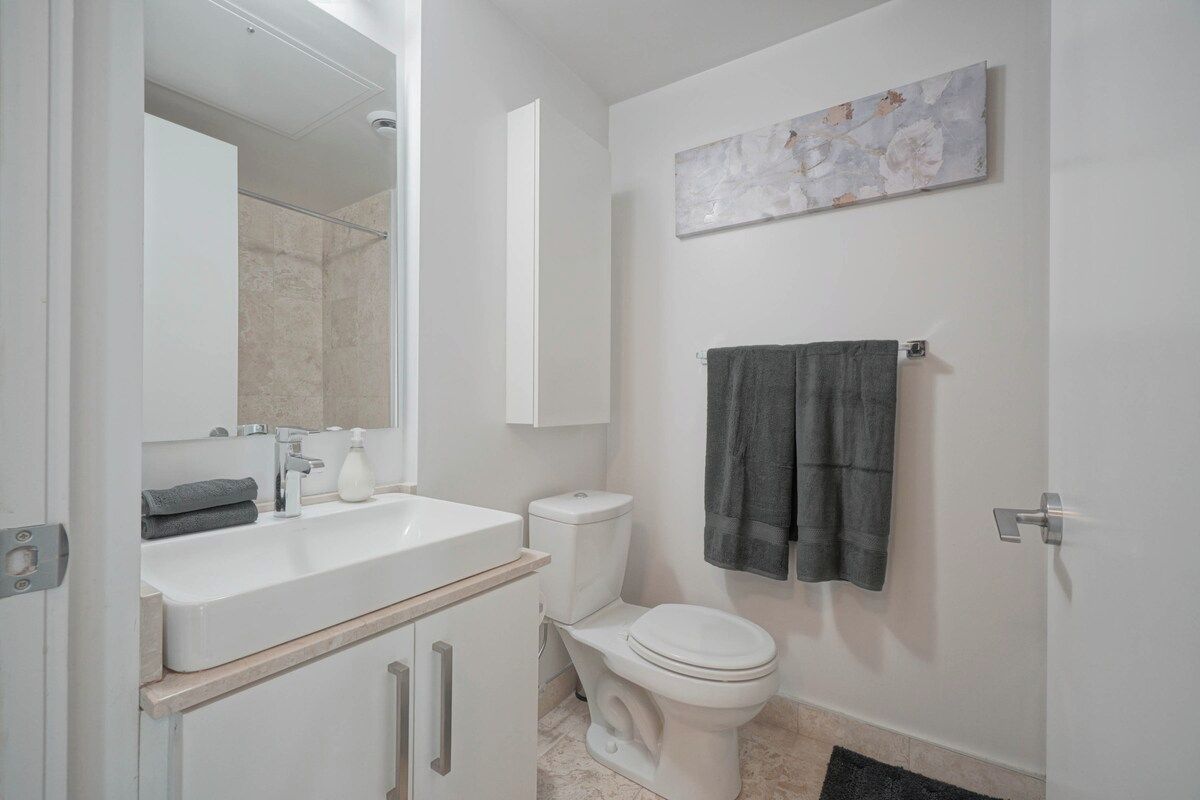 Shower, hair dryer, shampoo