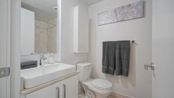 Shower, hair dryer, shampoo