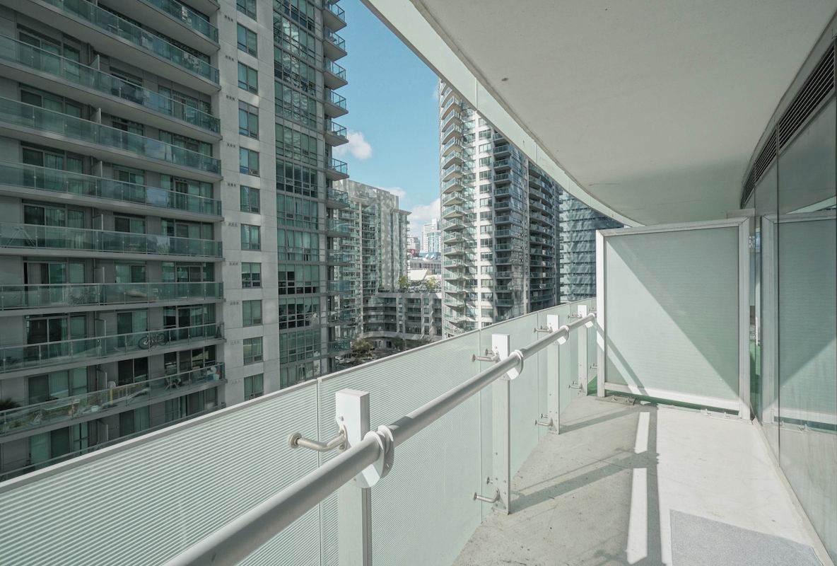Spacious balcony with a view.
