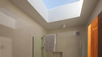 Ein Oberlicht in einem Badezimmer mit Duschkabine aus Glas und einem Handtuch an der Wand.