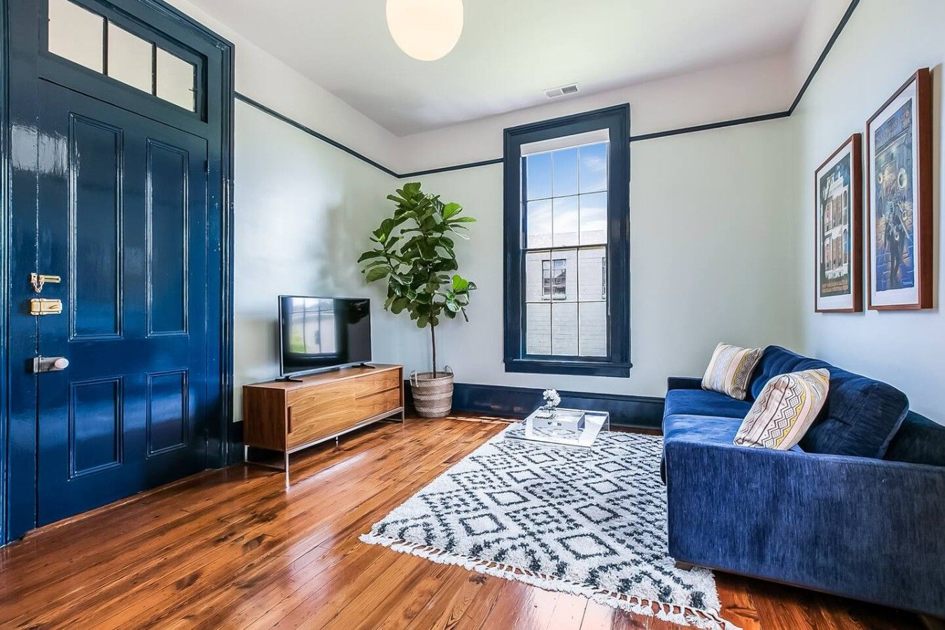 Un salon avec une porte bleue, un téléviseur posé sur un meuble en bois, une grande plante, un canapé bleu orné de coussins à motifs et un tapis à motifs.