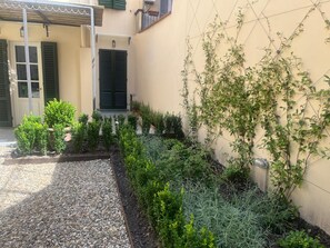 A courtyard with a gravel path, potted plants, and a wall with climbing plants. - PORCELAIN FLORENCE APARTMENT (Firenze)