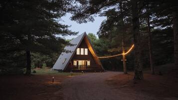 A cabin with a sloped roof, large windows, and a porch.