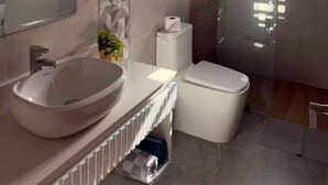 Une salle de bain moderne avec un grand lavabo, des toilettes et une douche.