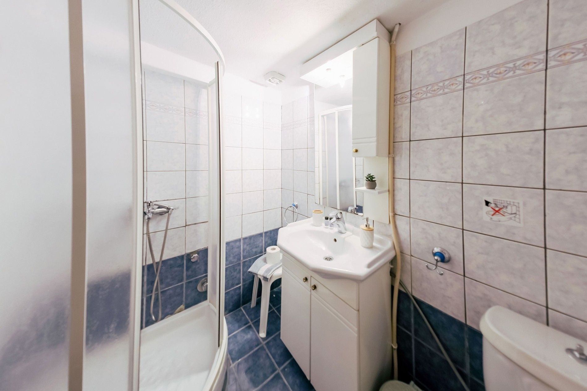 Een badkamer met een douche, wastafel en toilet.