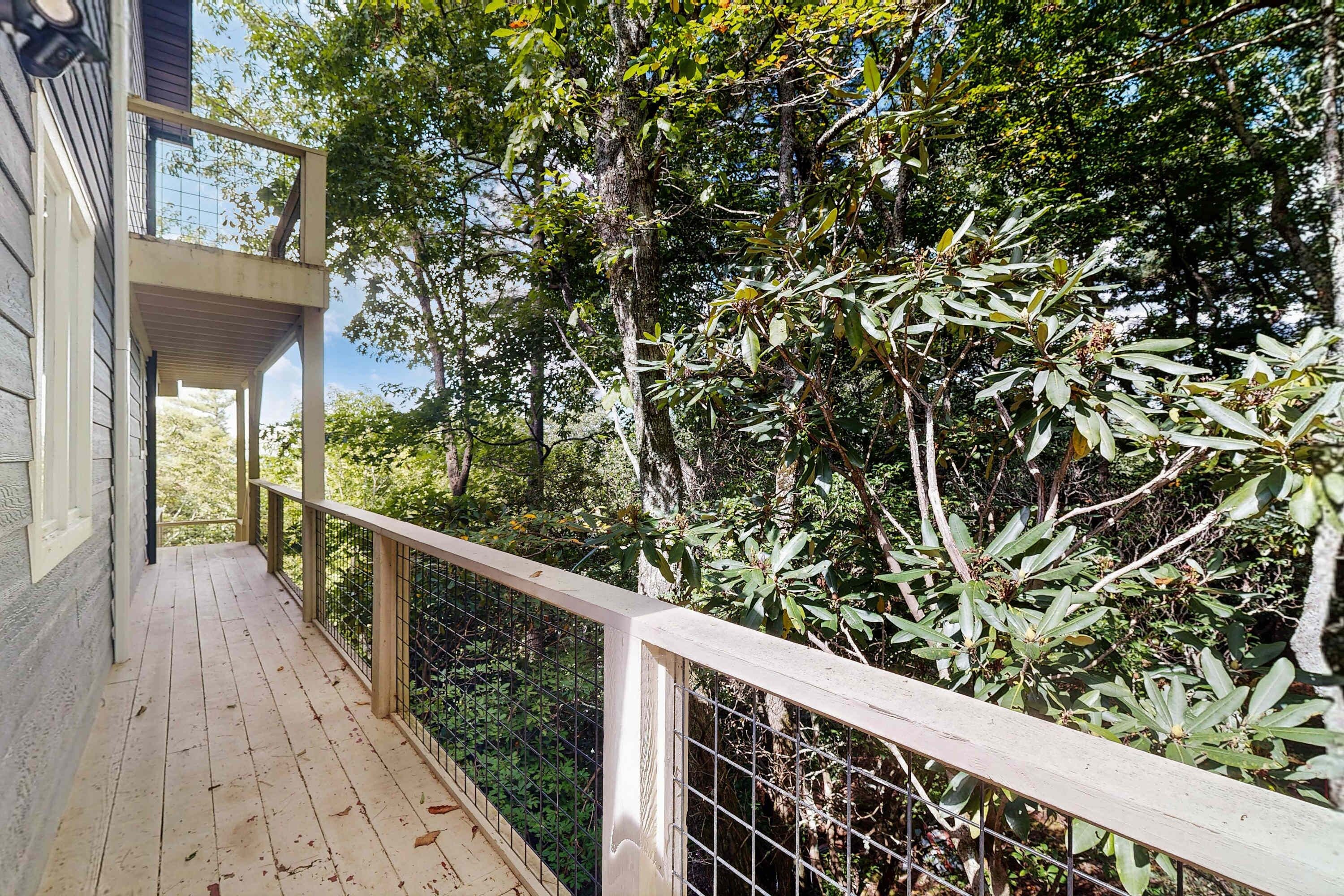 A wooden deck with a metal railing overlooking a dense, green forest.