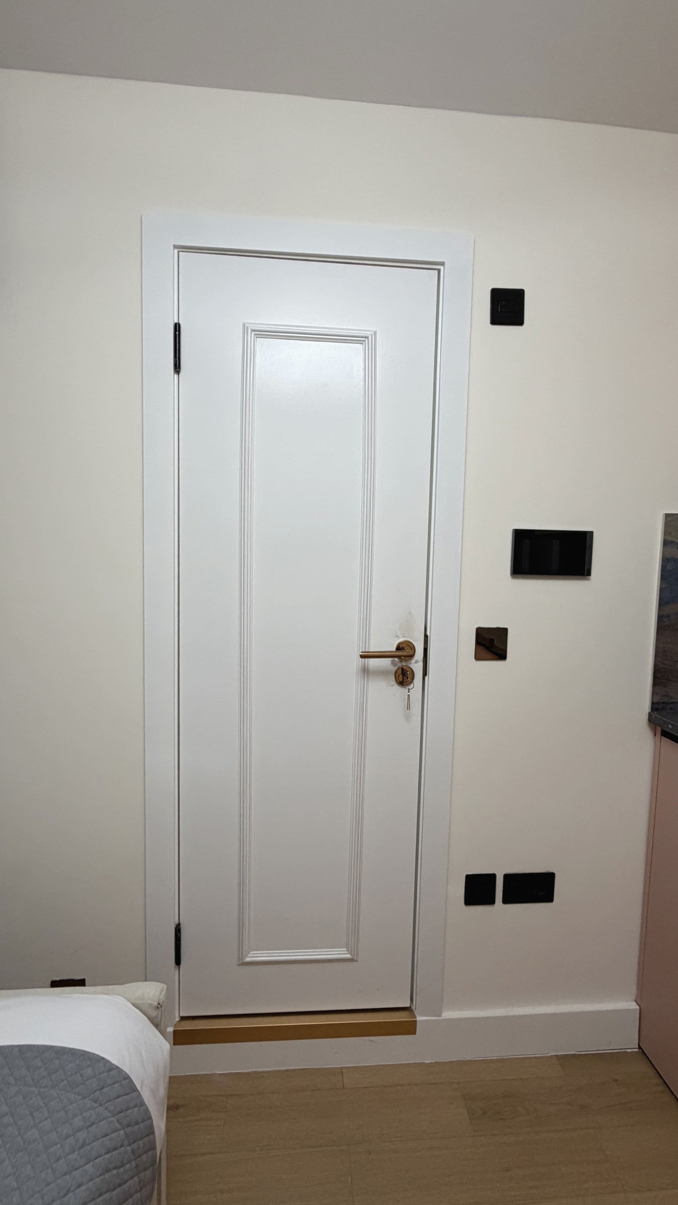 Een witte deur met een messing handvat en een sleutelgat, een kleine trap aan de onderkant, en een muur met drie zwarte rechthoekige objecten.