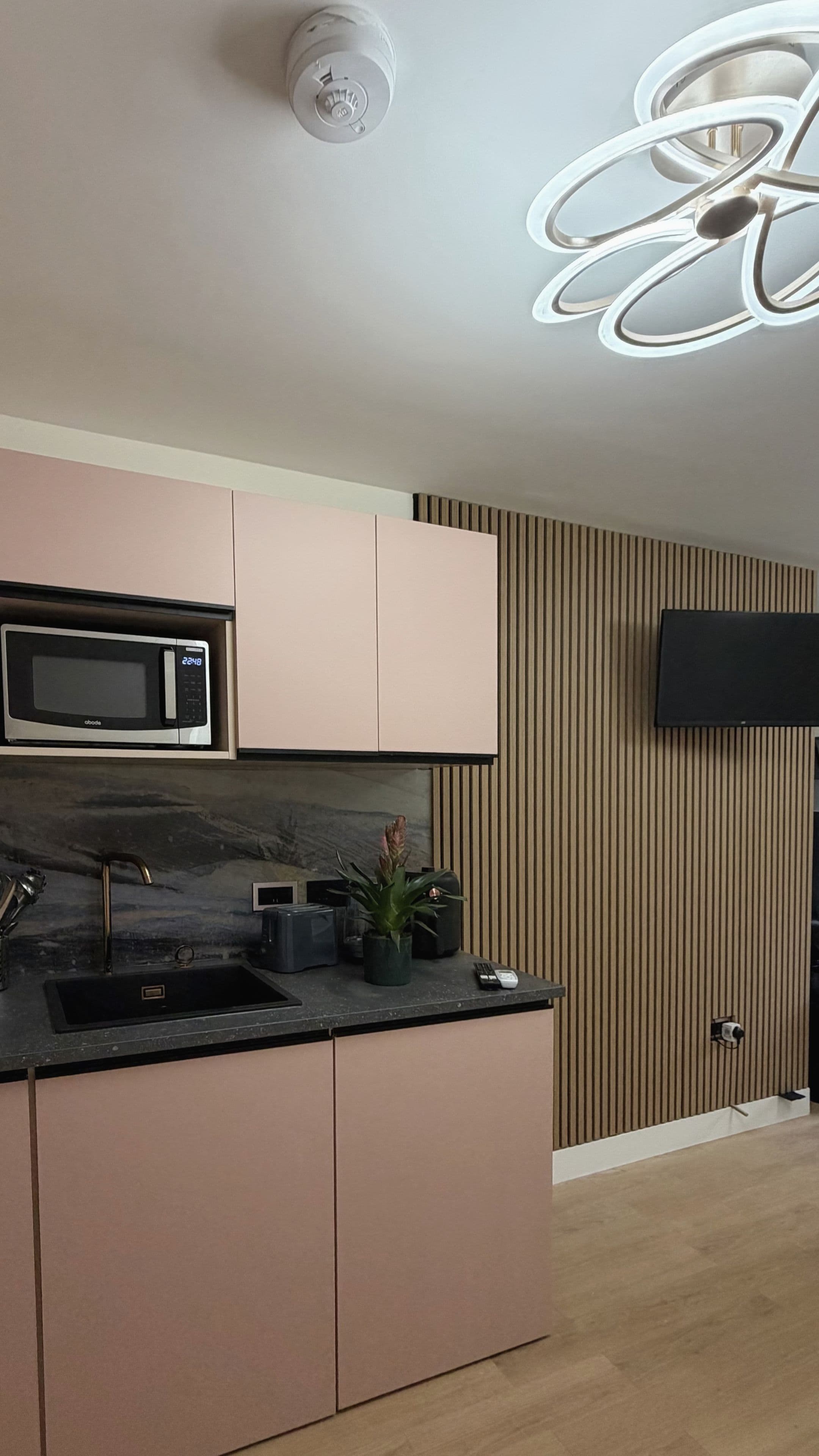 A modern kitchen with a built-in microwave, a sink, and a potted plant.