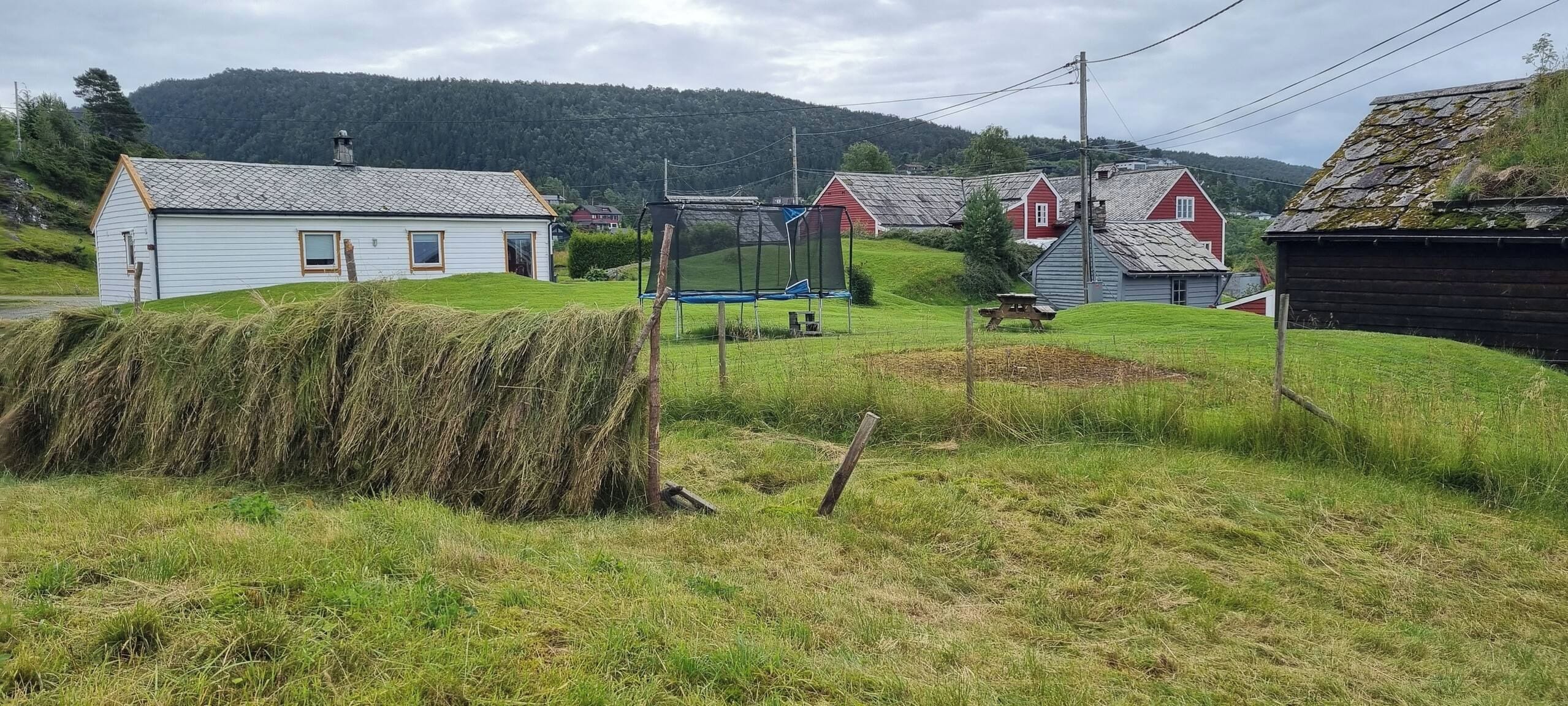 Paisaje rural con casas, pacas de heno y un campo cubierto de hierba.