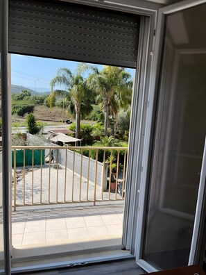 A balcony with a metal railing, a view of a green area with palm trees, and a clear sky.
