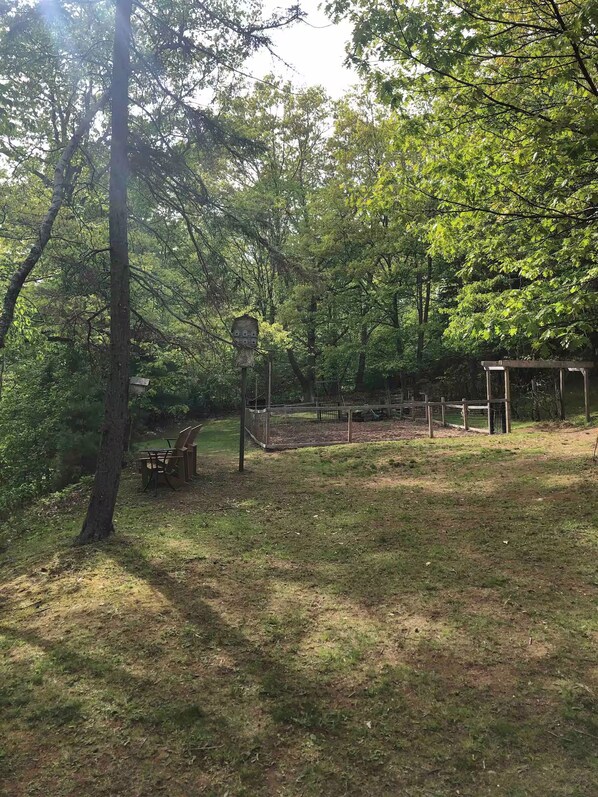 A park with a wooden bench, a birdhouse, and a fenced area.