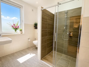 Une salle de bain moderne avec une douche à parois de verre, des toilettes et un lavabo.