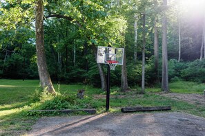A basketball hoop with a sign, surrounded by trees and a grassy area. - Cabin with hot tub, internet, path to the creek, 4 acres in peaceful Landisburg (Landisburg)