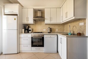 A compact kitchen with white cabinets, a built-in oven, a dishwasher, and a gas stove. - Denize Sıfır Villa. Özel Plaj&Doğal Havuz.Bodrum (Milas)