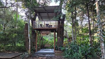 A wooden structure labeled 'Captains Camp' with a bench and tables, surrounded by trees and vegetation.