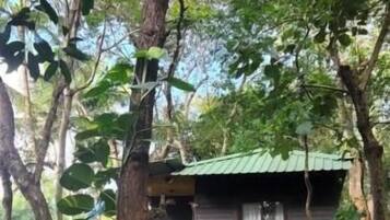 A treehouse with a metal staircase and a small porch.