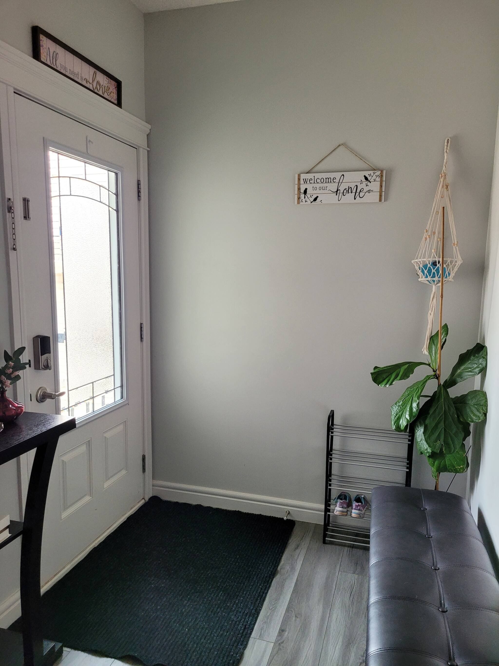 A room with a white door, a welcome sign, a macrame wall hanging, and a large green plant.