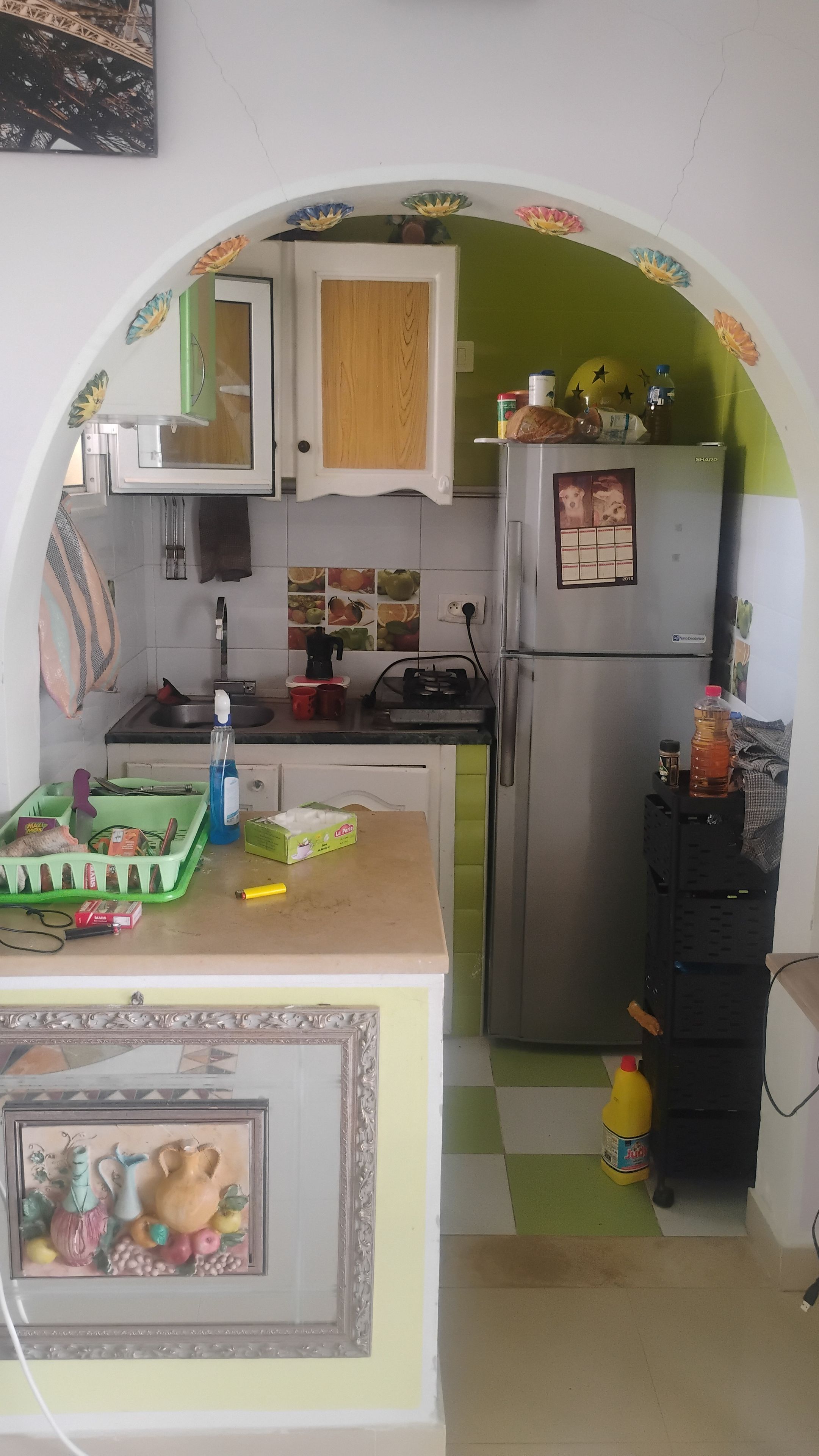 Uma cozinha com geladeira, pia e bancada com diversos objetos.