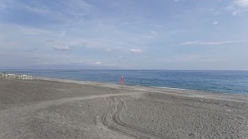 A beach with a flag marking a point of interest, a clear sky, and a calm sea.