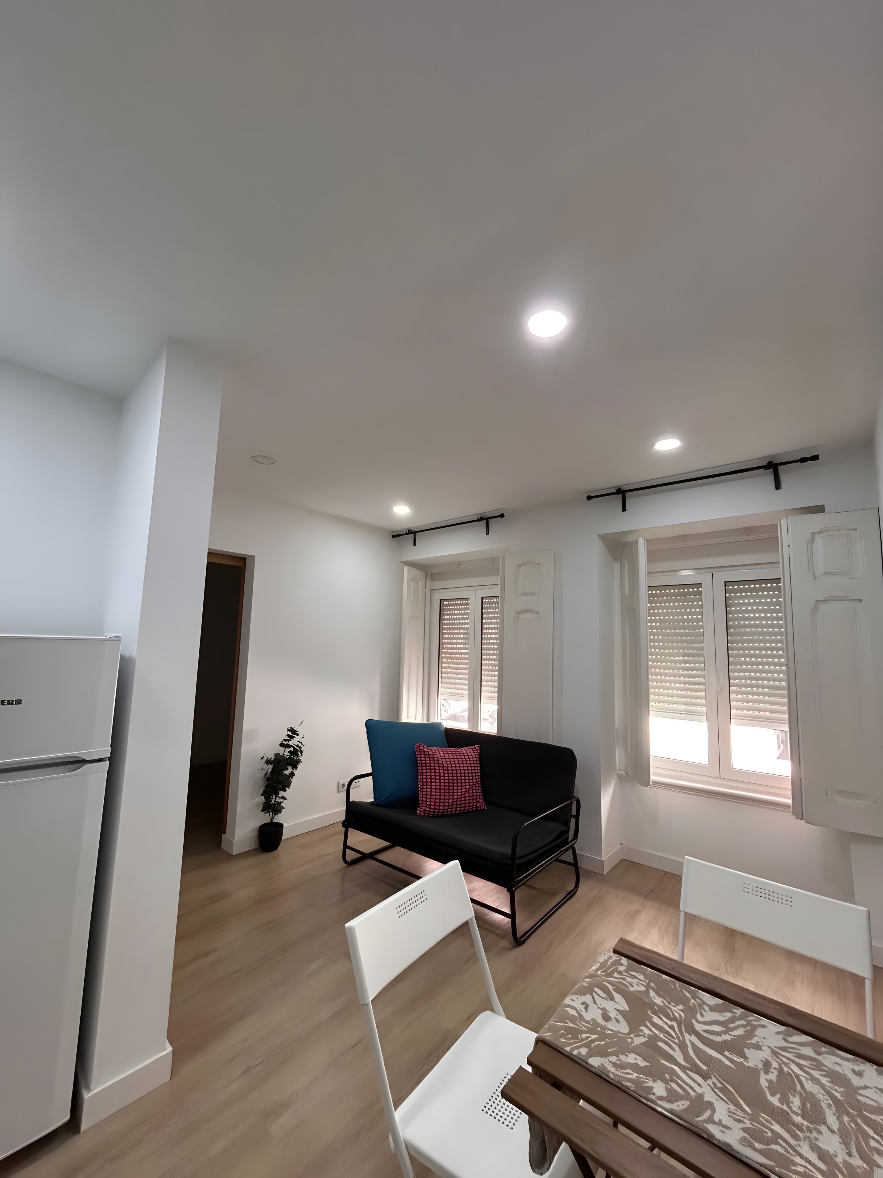 Um espaço de estar moderno com cozinha compacta, sofá com almofada estampada, mesa de jantar com cadeiras e um vaso com planta.