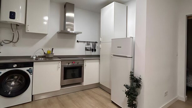 A modern kitchen with a washing machine, oven, and refrigerator. - Holiday Home 'Lisboa Guest House' with Wi-Fi (Lisboa)