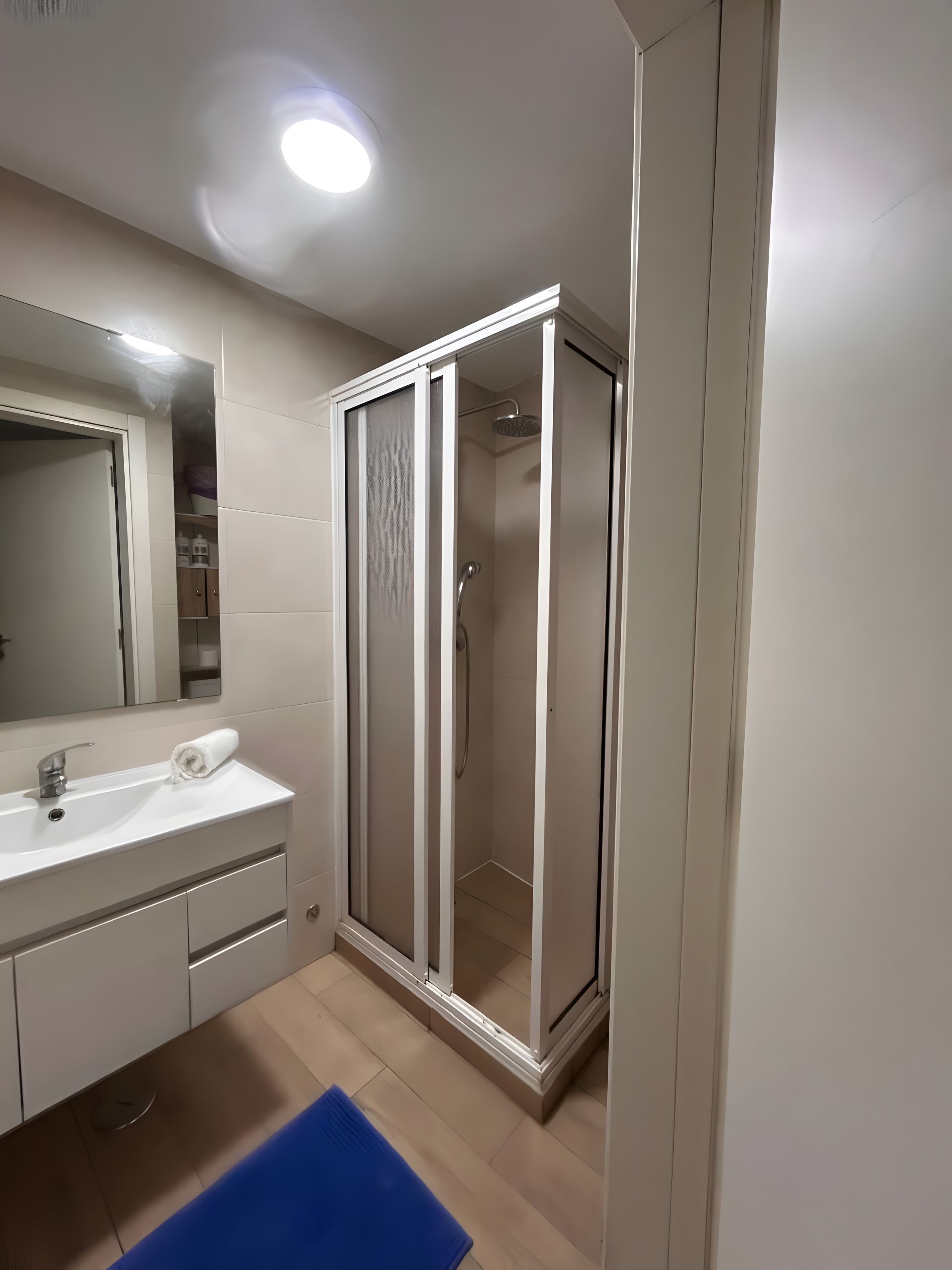 A bathroom with a white sink, mirror, and a walk-in shower.