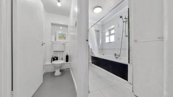 A bathroom with a toilet, a bathtub, and a shower area.