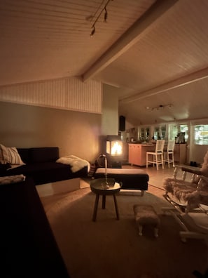 A cozy living room with a fireplace, a sofa, a coffee table, and a dining area with chairs.