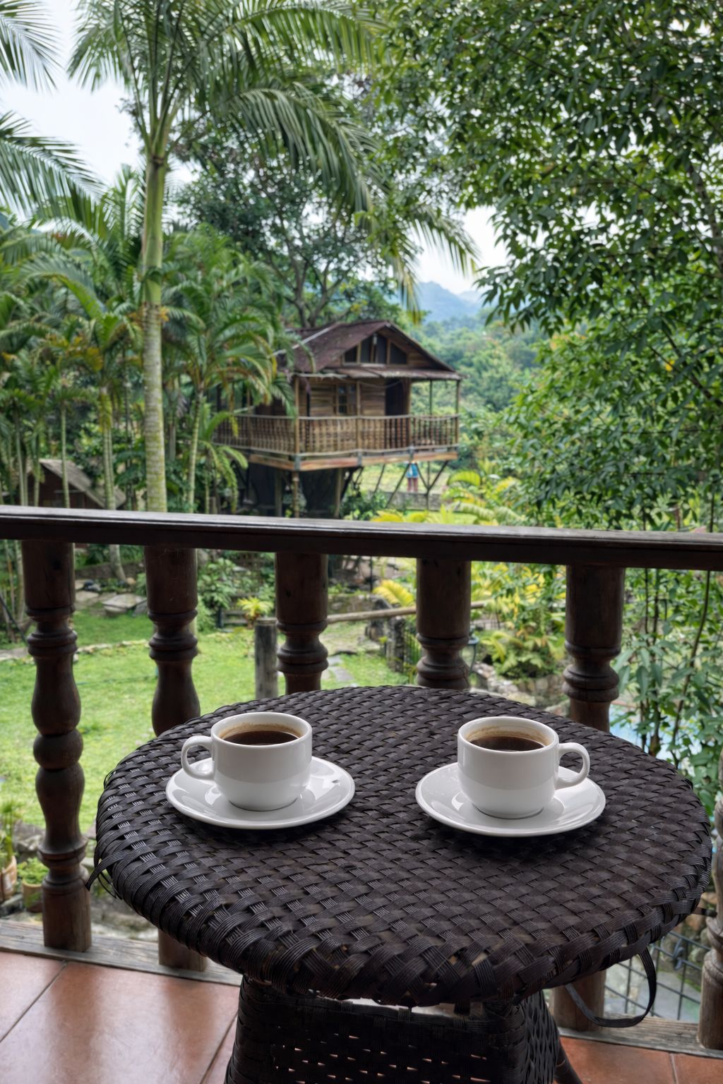 Un balcón con dos tazas blancas de café sobre una mesa de mimbre, con vista a una casa de madera y abundante vegetación.