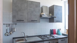 Een moderne keuken met grijze kastjes, een roestvrijstalen spoelbak en een gasfornuis.
