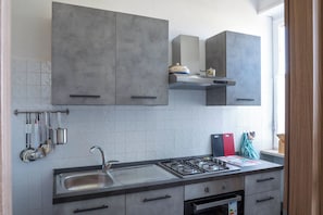 Una cucina moderna con mobili grigi, un lavello in acciaio inossidabile e un piano cottura a gas.