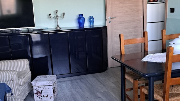 Een woonkamer met een bank, een televisie, een eettafel met stoelen, een keuken met kasten, en een schilderij aan de muur.