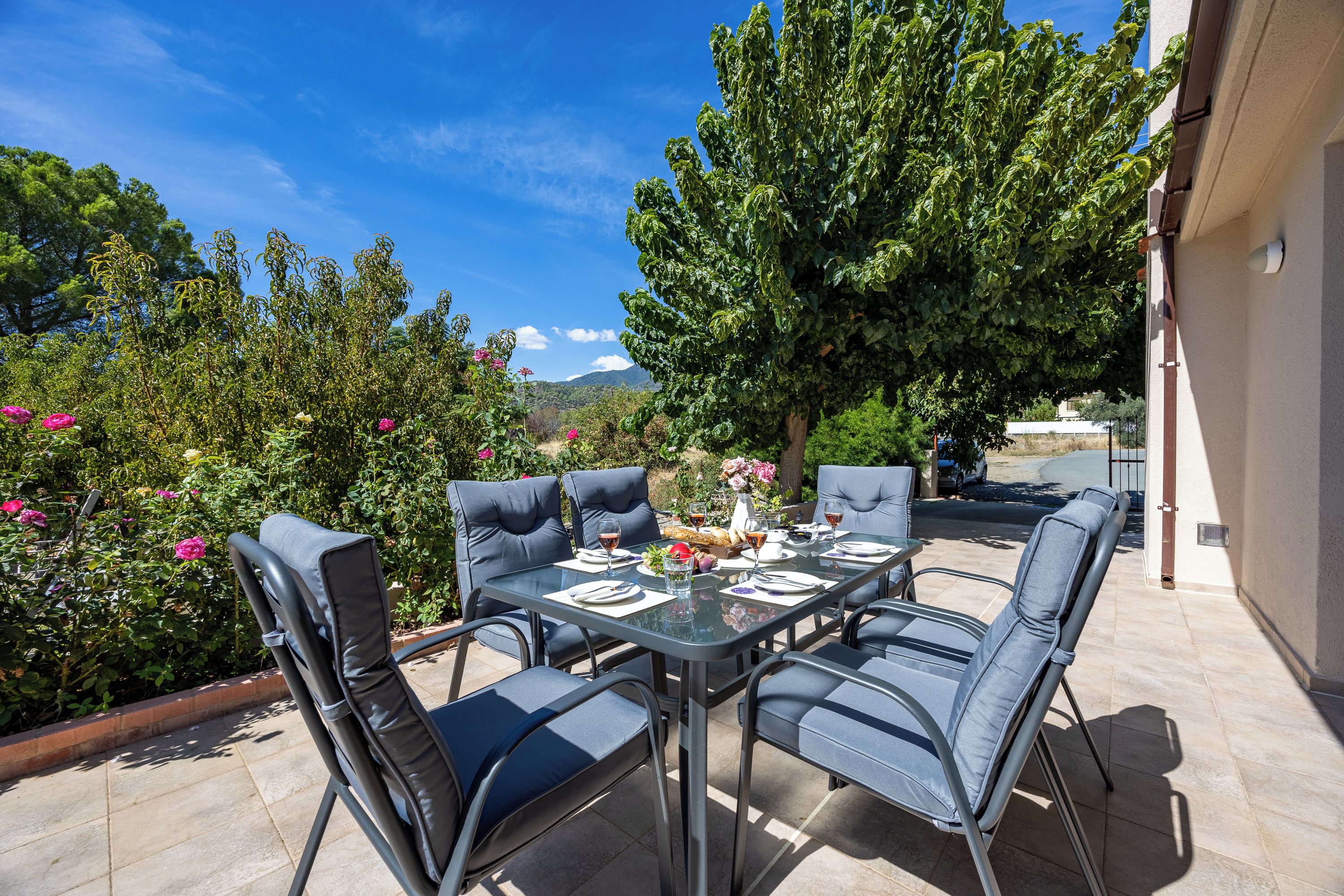 An outdoor patio with a table set for dining, surrounded by chairs, and a large tree providing shade.