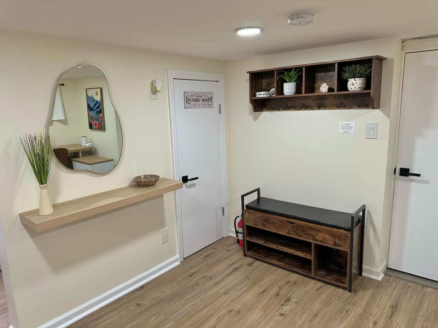 Un cuarto de lavandería con un espejo, un estante con plantas y un extintor.