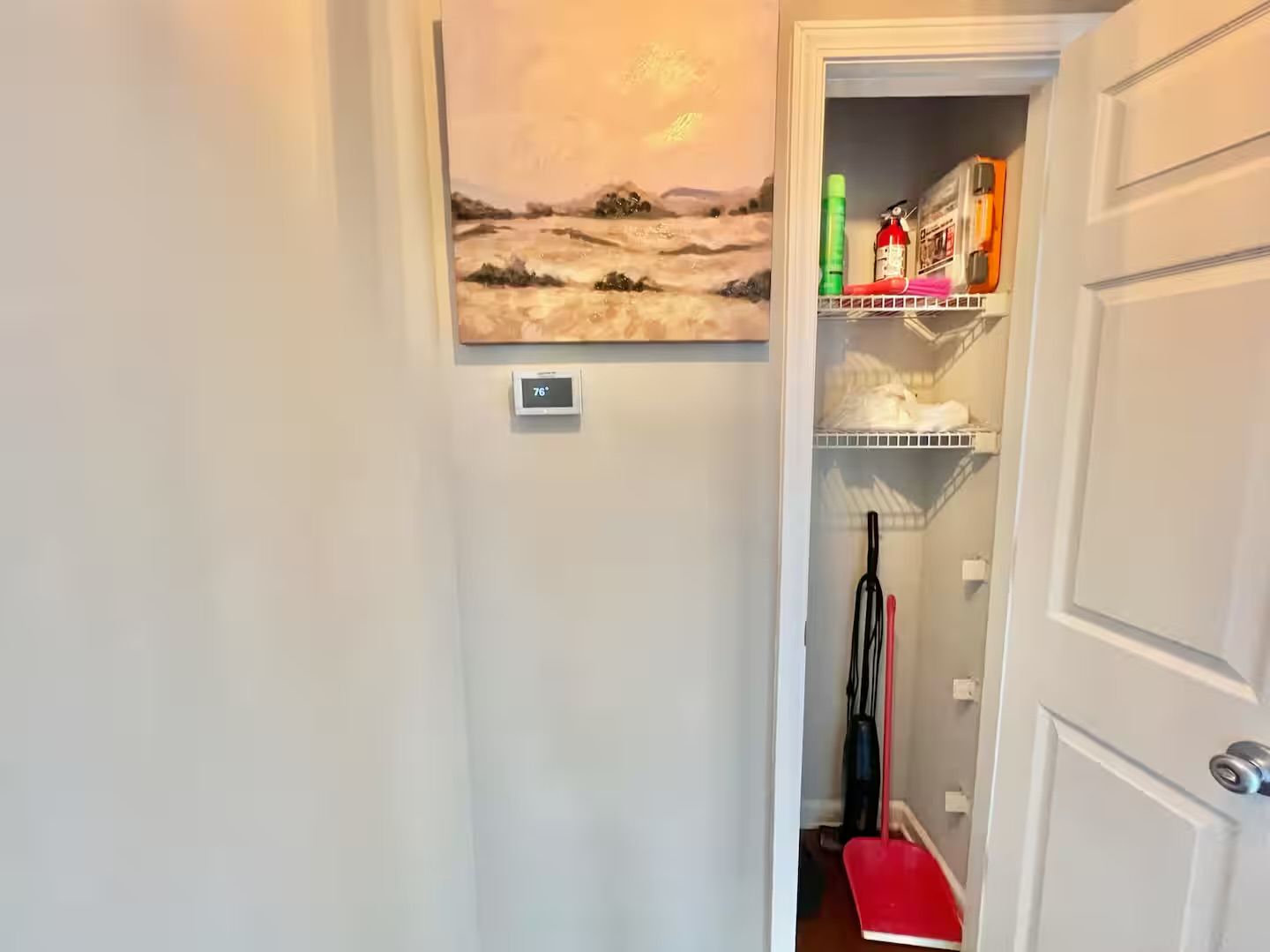 Un pasillo con un cuadro en la pared, un termostato y un área de almacenamiento con productos de limpieza.