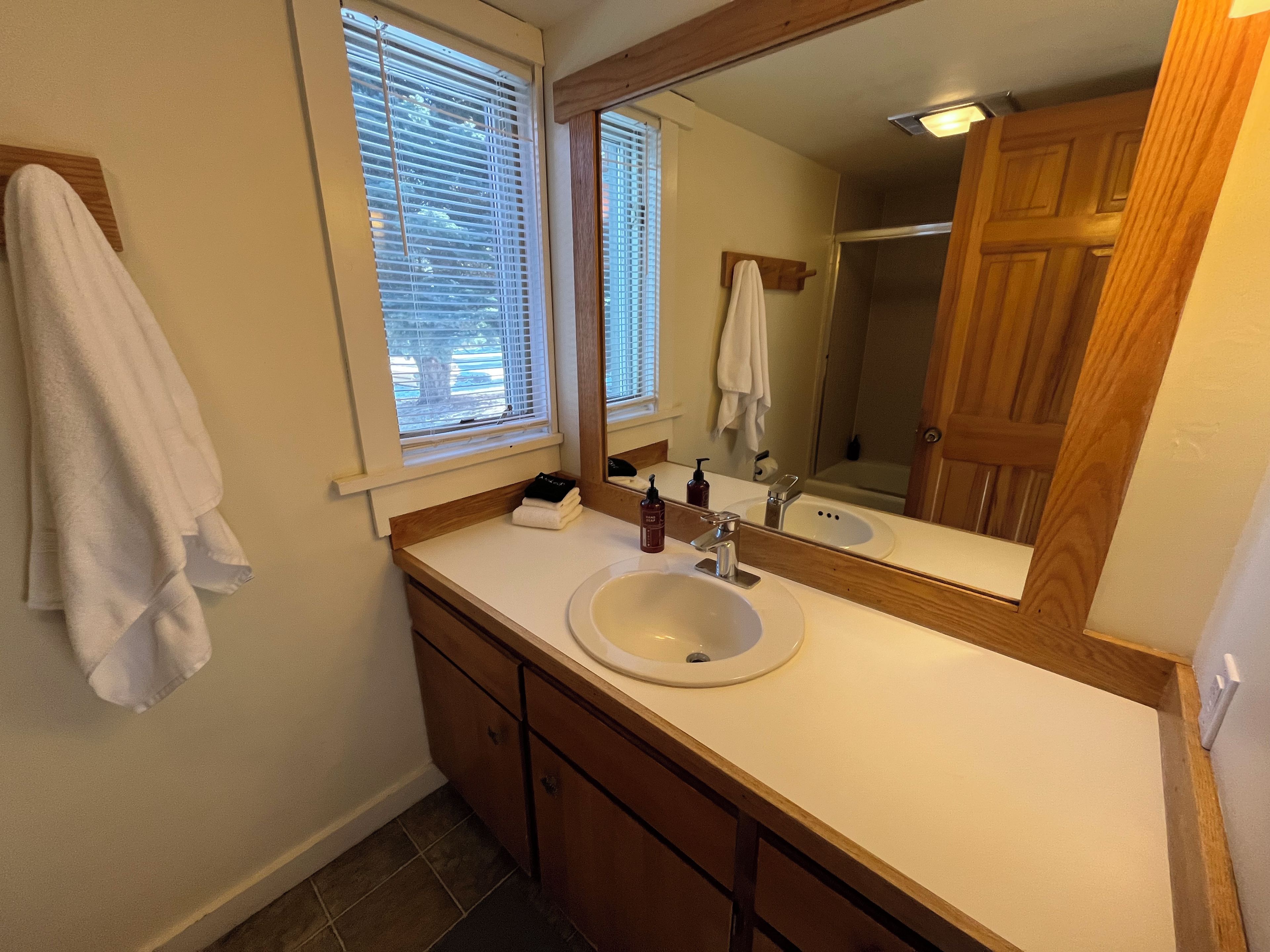 Une salle de bain avec un lavabo blanc, un meuble-lavabo en bois et un grand miroir.