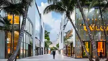 Une rue moderne en milieu urbain, bordée de palmiers, avec des devantures de magasins et un ciel dégagé.