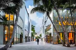 Une rue moderne en milieu urbain, bordée de palmiers, avec des devantures de magasins et un ciel dégagé.