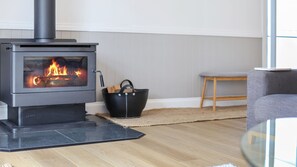 Un salon moderne avec un poêle à bois, un canapé gris, un plancher en bois et un mur blanc.