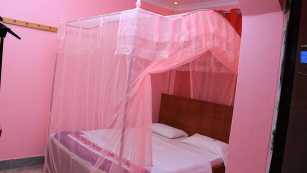 Una cama individual con dosel en habitación con paredes rosas y cabecera de madera.