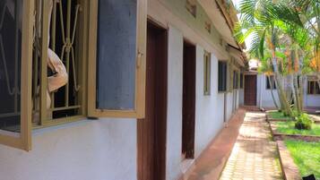 Un pasillo con puertas que dan a habitaciones individuales, un camino de baldosas y un pequeño jardín con palmeras.