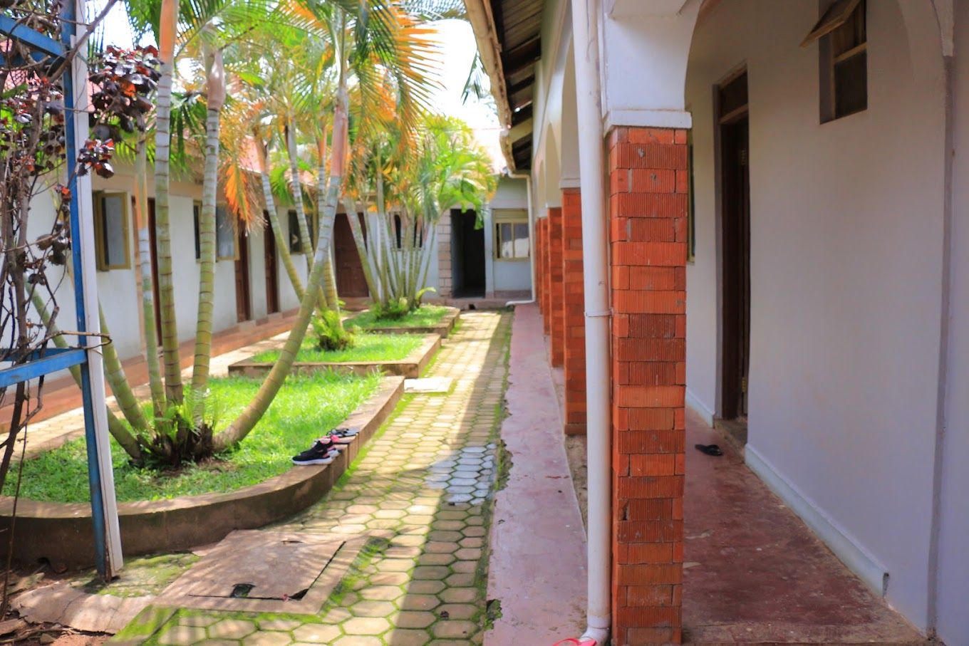 Um corredor com piso ladrilhado, parede de tijolos de um lado e uma fileira de palmeiras do outro.
