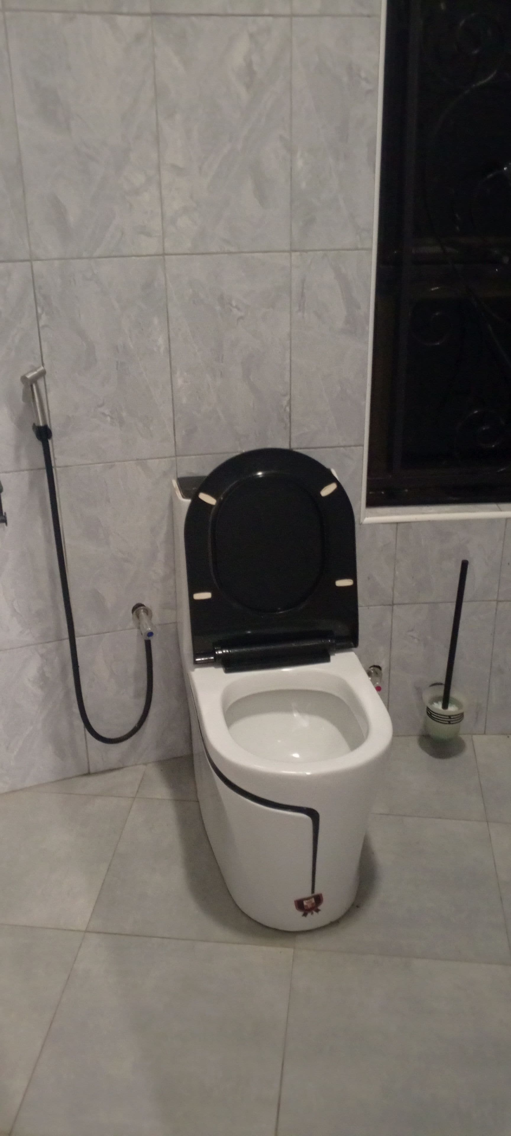 A toilet with a black seat and lid, a bidet attachment, and a handheld cleaning brush.
