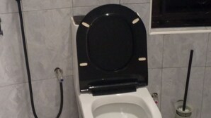 A toilet with a black seat and lid, a bidet attachment, and a handheld cleaning brush. - Ihunde Farm Lodge (Kiruhura)