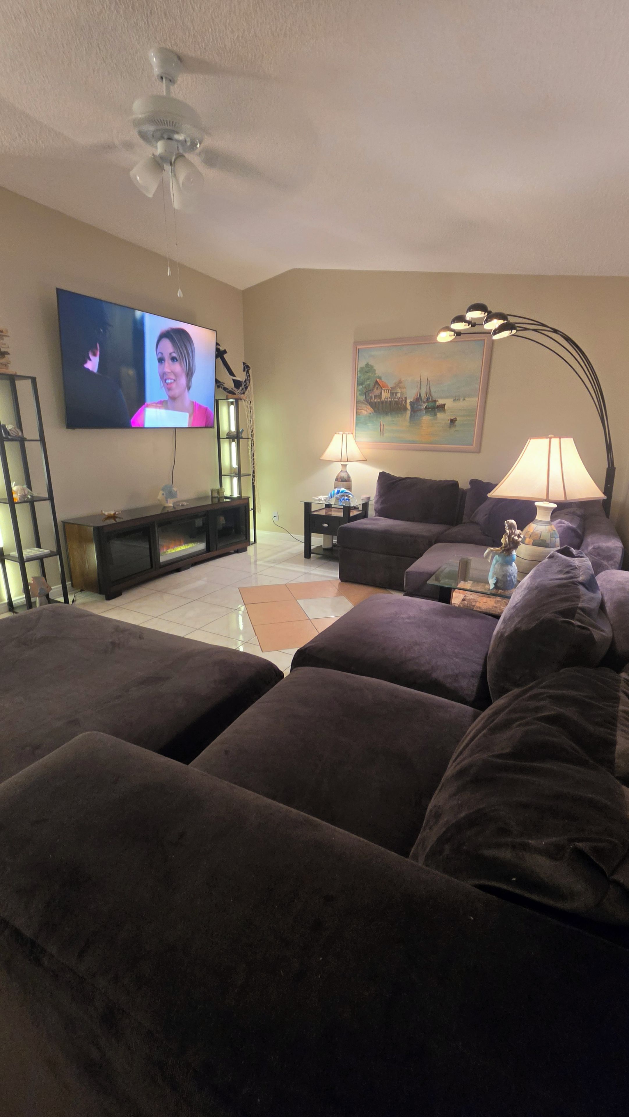 A living room with a television, a painting, a lamp, and a ceiling fan.