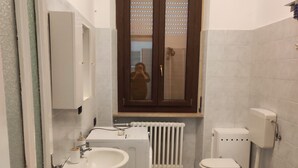 Un baño pequeño con inodoro, bidé, lavamanos y espejo.