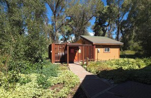 A small wooden cabin with a porch, surrounded by dense greenery and trees.