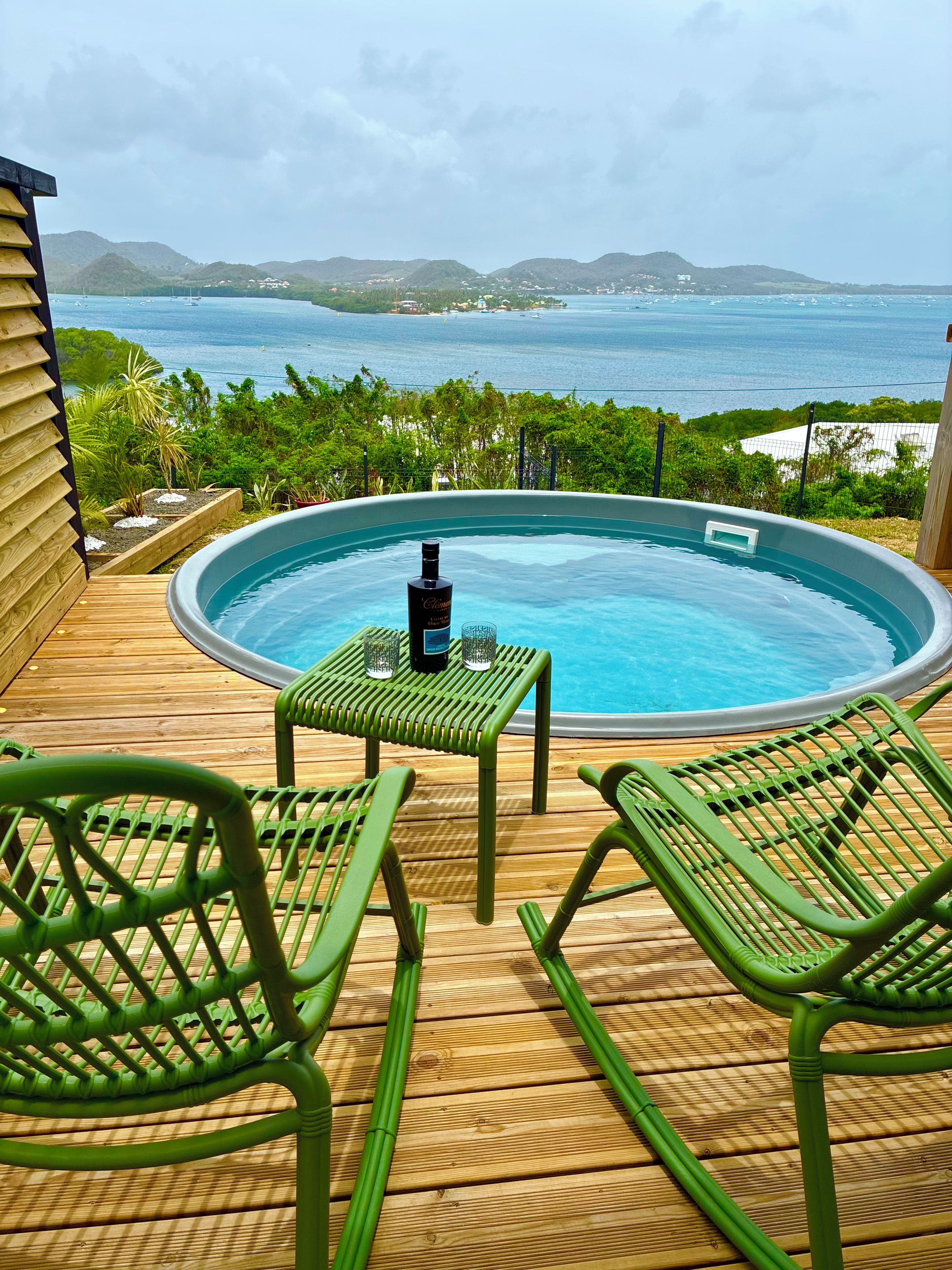 A pool area with a view of the sea, a bottle of liquor, and green chairs.